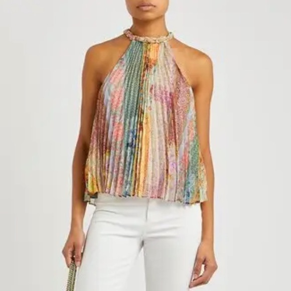 Alice + Olivia Alycia Printed Pleated Chiffon Top Halter Multicolor - Picture 5 of 13